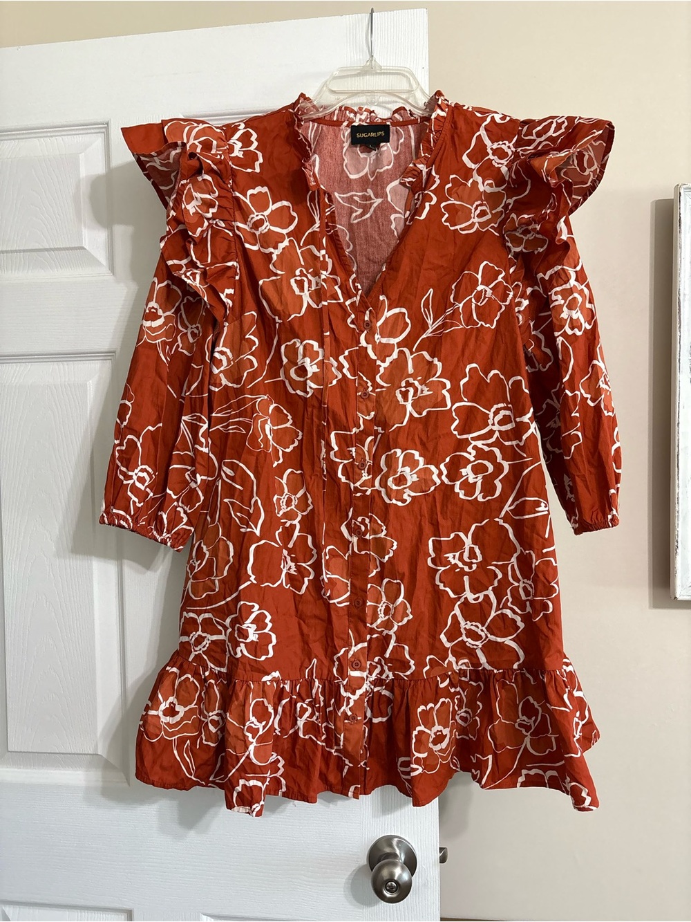 SUGARLIPS Women’s Large Floral Ruffle Dress Rust Orange White 100% Cotton